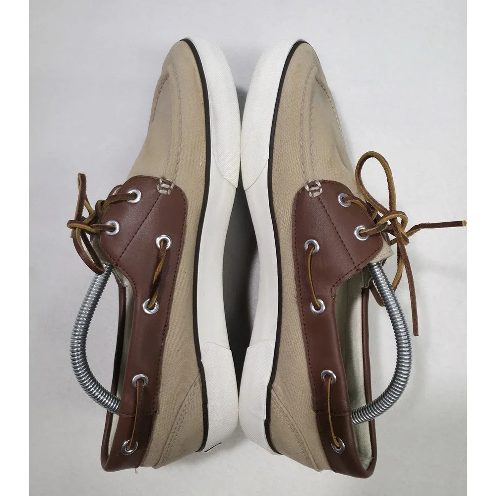 Polo Ralph Lauren Rylander Beige Canvas Brown Leather Boat‎ Shoe 11 D